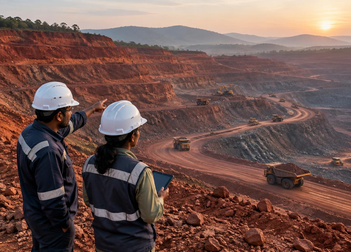 Mining professionals surveying an open-pit iron ore operation