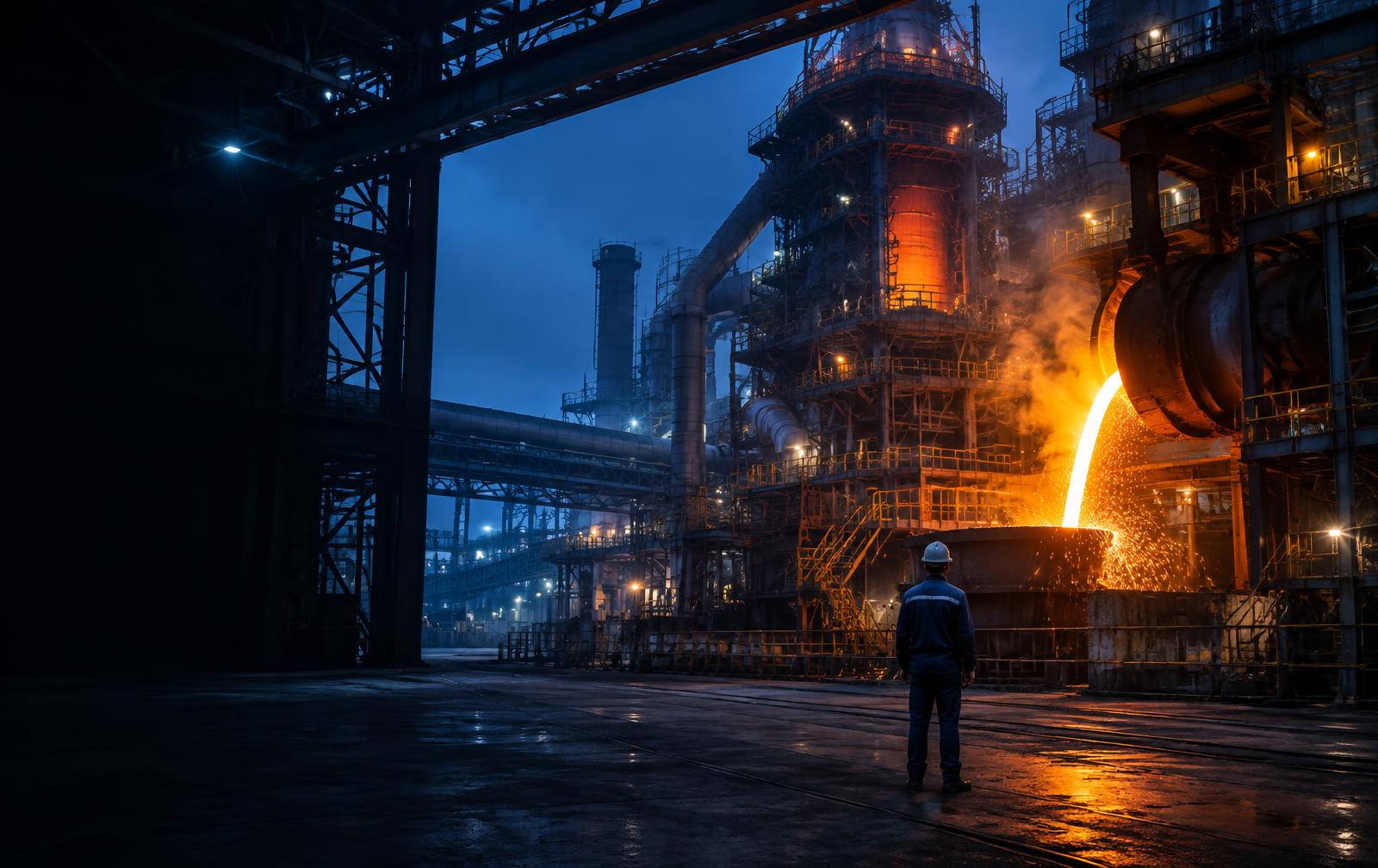 Steelmaking plant with a glowing molten steel pour